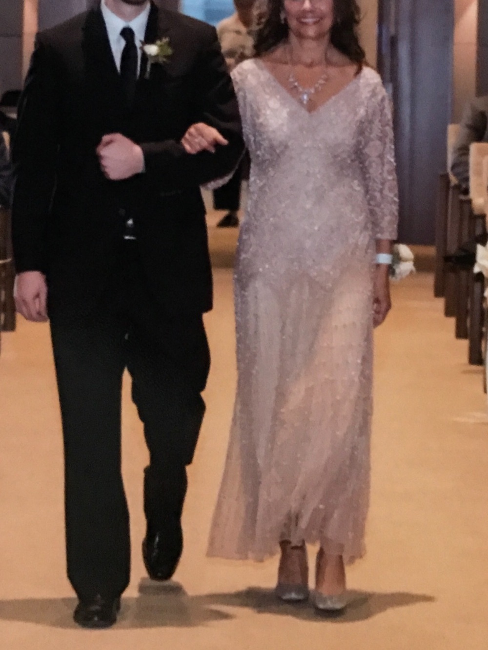 Nordstrom Beaded Long-Sleeve V-Neck Gown in Light Blush Pissarro nights